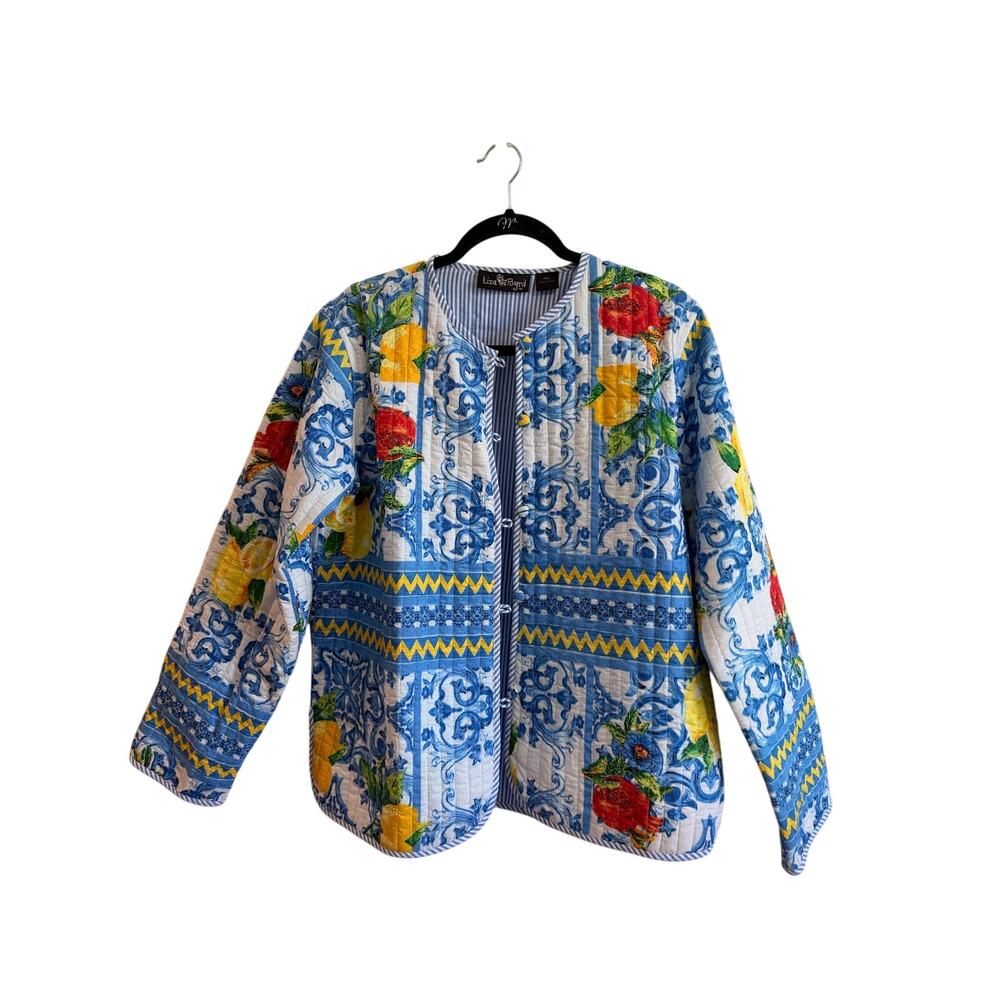 Liza Byrd Madeline Quilted Jacket 100% Cotton Sz XL Lemon Pront Blue White Great